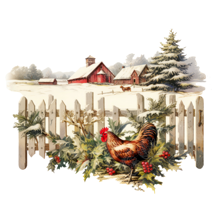 Farm christmas scene featuring rooster, white picket fence, red barns, snow, and holly, Grey Barn Handwerk, Saskatchewan.